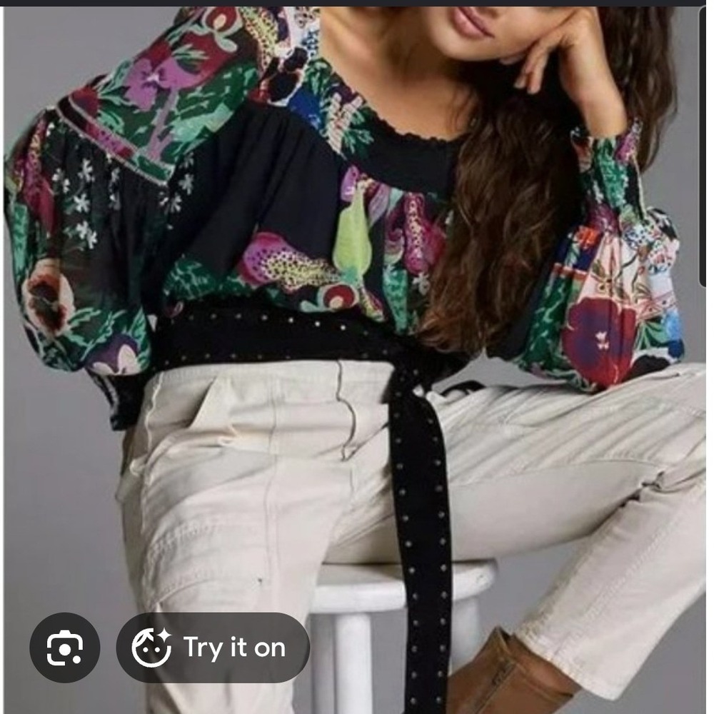 Anthropologie Lil Sire Puff Sleeve Boho Blouse Black Floral Mixed Print Sz XS
